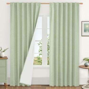Imagem de LAMIT Cortinas de linho 100% blackout verde-claro, 203 cm de linho texturizado, sala de estar, quarto, escurecimento do quarto, abas traseiras e bolso para varão, painéis neutros com forro branco, 2
