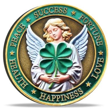 Imagem de Good Luck Coin with Elephant, 4-Leaf Clover & 777 - Symbol of Prosperity, Health, Happiness & Success - Lucky Charm Token for Positive Energy