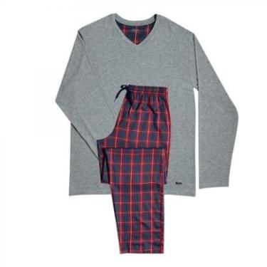 Imagem de Pijama Manga Longa Mash Adulto Gola V Com Calça Xadrez Em Viscose-Masculino