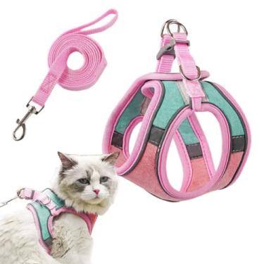 Imagem de Coleira Peitoral Com Guia para Gatos Colete Refletivo Respirável Regulável Confortável Pet Cães Cachorros Pequenos (Rosa, L)