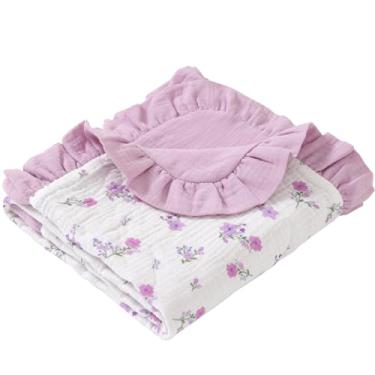 Imagem de Cobertor de musselina com babados para bebês - Cobertor reversível de berço para bebês meninos e meninas 91,4 x 101,6 cm (roxo)