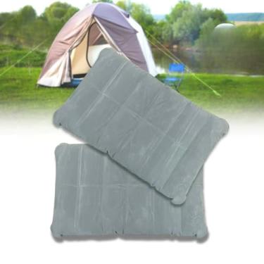 Imagem de Kit 2 Travesseiro Inflável Aveludado Viagem Camping Compacto Portátil Dobrável Pneumático Ergonômico Macio Leve Conforto Apoio Cabeça Aviação Carro Ônibus Praia Mochila Válvula Segura