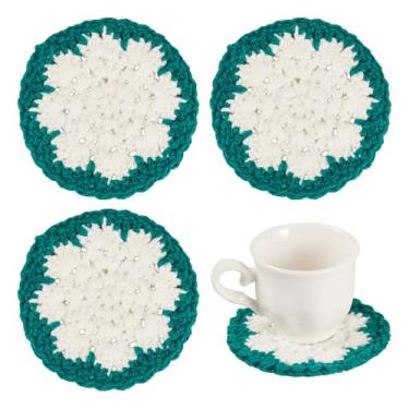 Imagem de Magibeads 3 peças de porta-copos de macramê de poliéster de floco de neve de Natal de 10 cm para copo de vidro cerâmica plástico mup planta em vaso mini decorações colocando proteção de mesa (verde)