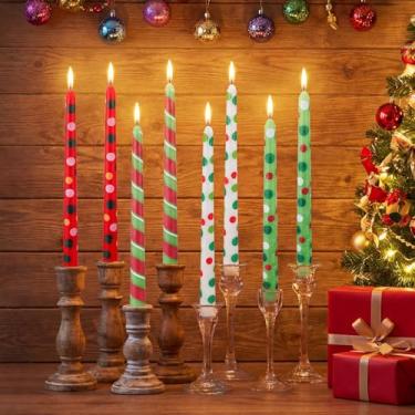 Imagem de Zhengmy Pacote com 8 velas cônicas de Natal, castiçais de Natal de 25,5 cm de altura, presentes listrados de bolinhas vermelhas e verdes para decoração de mesa de jantar de Natal (bolinhas mistas)