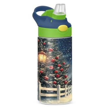 Imagem de YETTASBIN Garrafa de água de árvore de Natal para crianças, 340 g, à prova de vazamento, parede dupla, isolada, copo de viagem com tampa de canudo para meninas, meninos e crianças