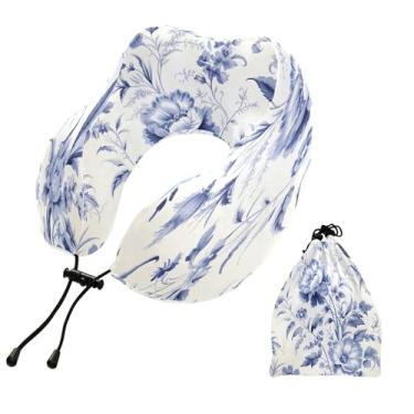 Imagem de CEBUGI Travesseiros de viagem portáteis em forma de U, travesseiro de pescoço de espuma viscoelástica com trava de corda ajustável para avião, viagem, trem, negócios, escritório, soneca (floral