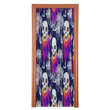 Imagem de Qilmy Decoração de capa de porta 81 x 200 cm tecido grande placa de decoração de festa de Halloween para porta da frente Halloween bonito caveira varanda decoração externa janela parede 564