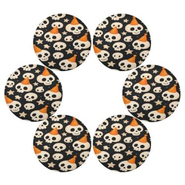 Imagem de Wassud Jogo americano conjunto de 6 caveiras divertidas com chapéus tapetes de mesa redondos para cozinha e jantar tapetes laváveis resistentes ao calor decoração de mesa 39 cm