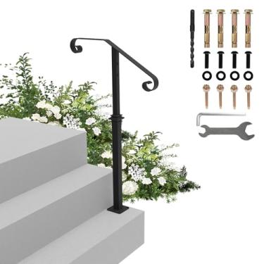 Imagem de Corrimãos para degraus ao ar livre - Corrimão de ferro forjado de poste único para corrimão de escada externa de 1, 2 degraus - 39 H revestimento em pó preto de ferro forjado para degraus de concreto