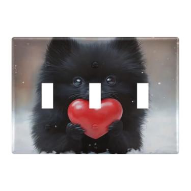 Imagem de Burbuja Valentine Black Dog Hold Heart Toggle Light Switch Wall Plate Cover, placa decorativa de parede, parafusos incluídos, 3 faixas