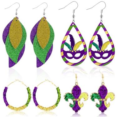 Imagem de Kenning 4 pares de brincos coloridos de carnaval brilhante em forma de folha de couro com lantejoulas e máscara de acrílico para mulheres, joias de carnaval para camisas, lembrancinhas de festa