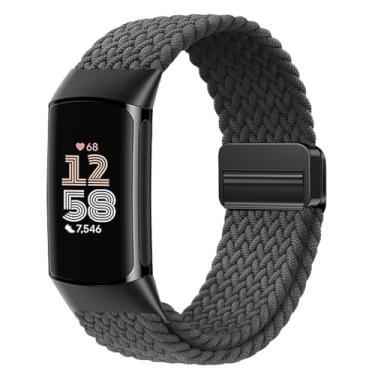 Imagem de Yeahxing Pulseira de nylon trançado magnética compatível com Fitbit Charge 6/Charge 5, fecho ajustável, pulseira esportiva macia e respirável para mulheres e homens, pulseira de substituição para