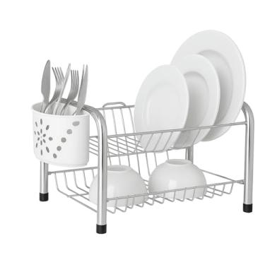 Imagem de Escorredor de Pratos Duplo com Porta Talheres, Organizador de Cozinha para Secagem de Louça (Branco)