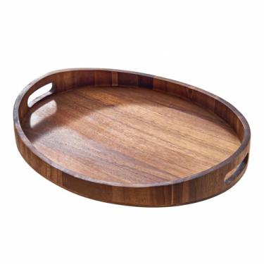 Imagem de Bandeja de servir de madeira de acácia com alças – Bandeja decorativa redonda para mesa de centro, café da manhã na cama, sala de estar, balcão de cozinha, exibição de velas, festa de chá, almoço