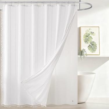 Imagem de downluxe Conjunto de cortina de chuveiro 3 em 1 de textura de linho com borla, cortinas de chuveiro de tecido boho para banheiro, branca, 182 cm L x 188 cm C