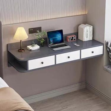Imagem de Mesa montada na parede, mesa flutuante, mesa de computador portátil de madeira montada na parede com gaveta de puxar, mesas de parede para espaços pequenos, para quarto de parede, espaço pequeno (120