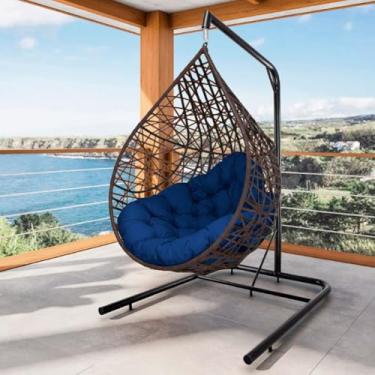 Imagem de Cadeira Balanço Ninho Suspenso Gota – Tramado com Suporte e Almofada Impermeável, Ideal para Varanda, Jardim e Sala de Estar (Tabaco/Azul)
