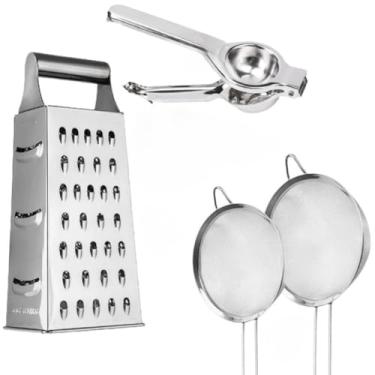 Imagem de Kit 7 Peças Ralador Peneiras Espremedor Limão Descascador Legumes Amassador Batata Alho Casa Cozinha Utensílios de Natal(KIT 4 (RAL + ESPRE + 2 PEN))
