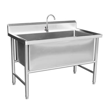 Imagem de Pia de aço inoxidável independente, conjunto de pia de cozinha de restaurante comercial, pia de tigela única grande, pias utilitárias de aço inoxidável, com kit de drenagem e torneira (100 cm/39,4 pol