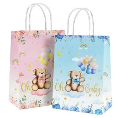 Imagem de 12 peças Oh Baby Party Favors Bags Bear with Rose Design Gift Bags with Handles Pink and Blue Goodies Saco de embalagem de papel para crianças, aniversário, chá de bebê, menino ou menina, decoração