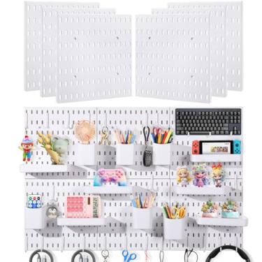 Imagem de KVEKVE Organizador de parede Pegboard, pacote com 6, placa branca de 28 x 28 cm, com 48 acessórios, solução de armazenamento multisuperfície para garagem, escritório, cozinha, oficina e organização de