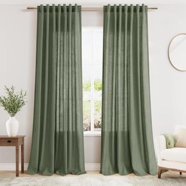 Imagem de Cortina estendida verde-oliva de linho transparente para sala de estar, conjunto de 2 painéis, 280 cm de comprimento, filtro de luz traseira e respirabilidade, cortinas semitransparentes para quarto