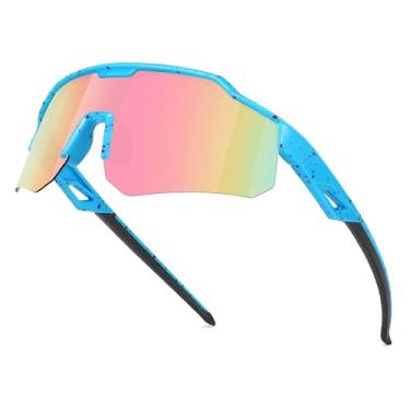 Imagem de Ofwin Óculos de sol esportivos juvenis polarizados para meninos e meninas, crianças, softball, ciclismo, corrida, idade 5-15, Armação azul/lente espelhada rosa roxa, standard