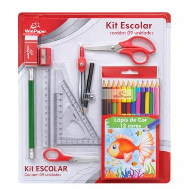 Imagem de Kit Escolar Completo, 9 Peças com Lápis de Cor 12 Cores, Tesoura, Régua, Compasso, Apontador e Materiais Escolares