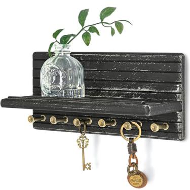 Imagem de Rebee Vision Suporte de parede para chave de madeira de pinho – Porta-chaves chique de 28 cm para parede com 6 ganchos e prateleira flutuante - Elegante enfeite de prateleira suspensa para decoração