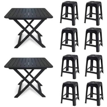 Imagem de 2 Mesas Quadradas Dobráveis 80x72cm Preta + 8 Banquetas Empilháveis
