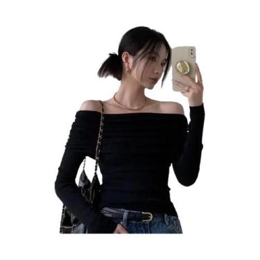 Imagem de Blusa Feminina Preta De Manga Longa Com Ombros Descidos, Ajuste Slim, 