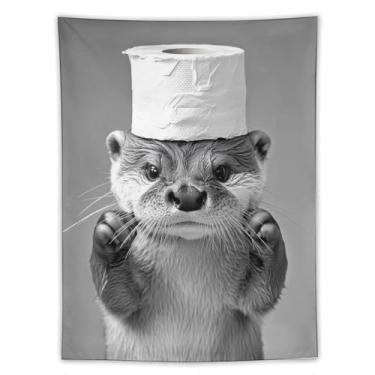 Imagem de Tapeçaria de chapéu de papel higiênico lontra impressão artística preta branca para quarto sala de estar dormitório decoração de casa com adorável design de animal aquático Tapeçaria 152 x 203 cm