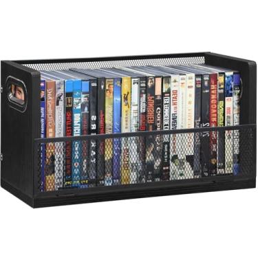 Imagem de Salajory Rack de armazenamento de CD DVD com alças, comporta 28 capas de DVD ou 32 Blu-ray por rack | Suporte portátil de DVD para desktop, armário, videogames, livros e filmes, preto