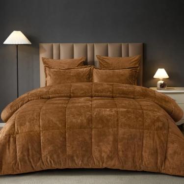 Imagem de PHF Conjunto de edredom queen de veludo frente e verso, 5 peças, macio e luxuoso, para o inverno, cama moderna em uma bolsa, incluindo 1 edredom aconchegante, 2 fronhas, 2 fronhas europeias para