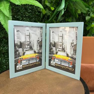 Imagem de Porta Retrato Duplo Vertical 15x21 Moldura de Madeira Azul Claro com Vidro