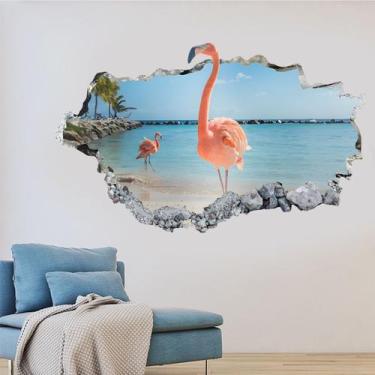 Imagem de Adesivos de parede Pink Flamingo 3D Tropical Birds Beach Wal - yiweisa