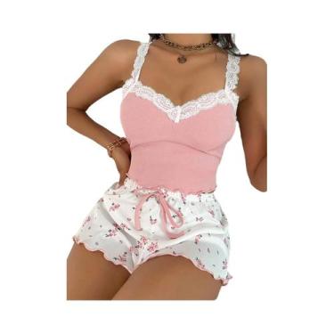 Imagem de Conjunto De Pijama Sexy Feminino Em Renda, Camisola Slim Fit E Shorts,