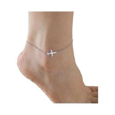 Imagem de Tornozeleira Feminina De Aço Inoxidável Com Pingentes De Gato E Avião 