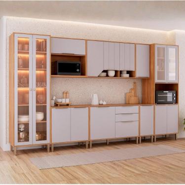Imagem de Cozinha Modulada 8 Peças com 1 Cristaleira 3 Balcões 3 Armários Aéreo e 1 Torre Celeste Cinamomo/Platina