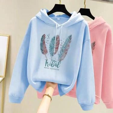 Imagem de Moletom estampado em penas feminino, moletom solto de veludo, moda cas