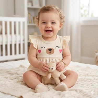 Imagem de Macacão Curto Manguinha Babado Minimalista para Bebê Menina Cor:BegeRi