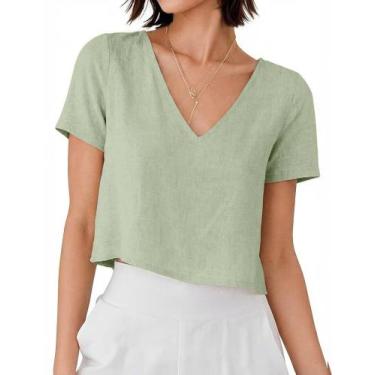 Imagem de Blusa Mywinway de linho com decote em V, manga curta, cropped, tamanho