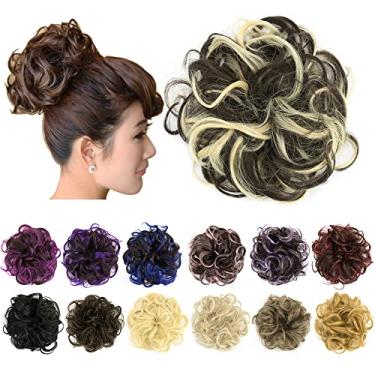 Imagem de IMISSU 2PCS de cabelo bagunçado coque updo scrunchies falsos rabo de cavalo extensão de cabelo ondulado encaracolado chignon faixa de cabeça para meninas (2PCS Loiro Castanho)