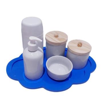 Imagem de Kit Higiene Bebê Porcelana Branca Tampa Madeira Bandeja Nuvem Azul - S