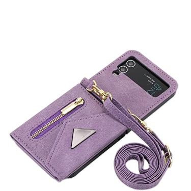 Imagem de Estojo tipo carteira tiracolo com compartimento para cartão para Samsung Flip4 5G Bolsa Alça com cordão Capa traseira de couro, Roxo, para Galaxy Z Flip4 5G