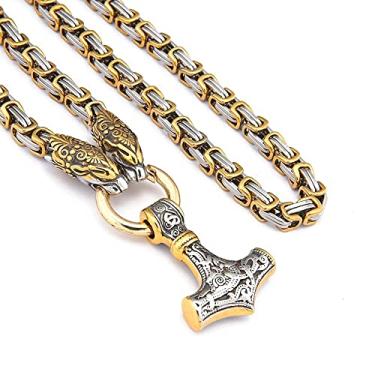 Imagem de XLTFZY Amuleto Viking Masculino Colar Vintage Pingente Martelo de Thor Duplo Cabeça de Dragão Colar de Corrente King Feito à Mão Joias Pagãs de Aço Inoxidável/Ouro/Corrente de 40 cm