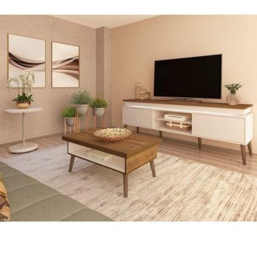 Imagem de Conjunto Sala de Estar Rack para TV até 75 Pol com LED e Mesa de Centro Lucca com Mesa de Apoio Chic Pinho/Off White