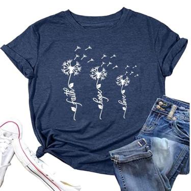 Imagem de Camiseta feminina com estampa de dente-de-leão margarida flor Faith Hope Love camiseta manga curta casual cristã, Azul escuro, XXG