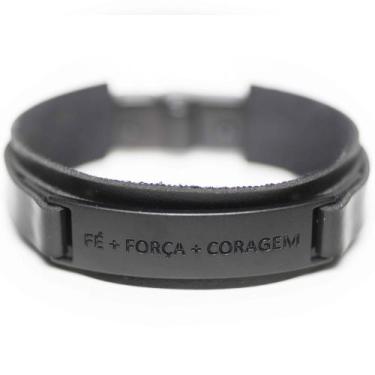 Imagem de Pulseira Couro Masculina Fé+Força+Coragem  - Black Edition - Vorax Ace