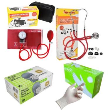 Imagem de Kit medidor de pressão esteto máscara e luvas caixa Vermelho - Premium